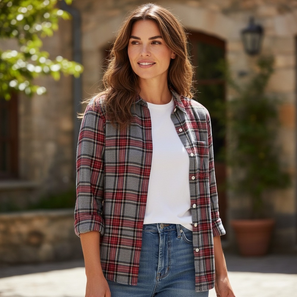 J. Crew Red and Gray Plaid Button-Down Shirt